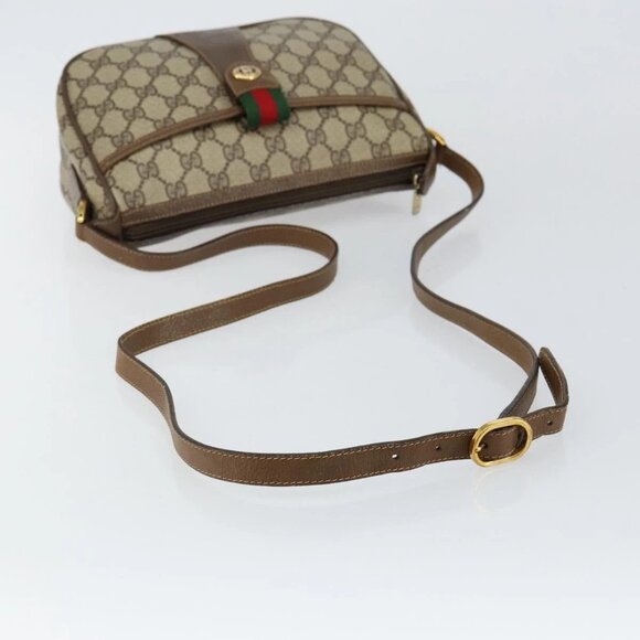GUCCI GG Canvas Web Sherry Line Shoulder Bag PVC Leather Beige Red Auth 146151 - Picture 8 of 16